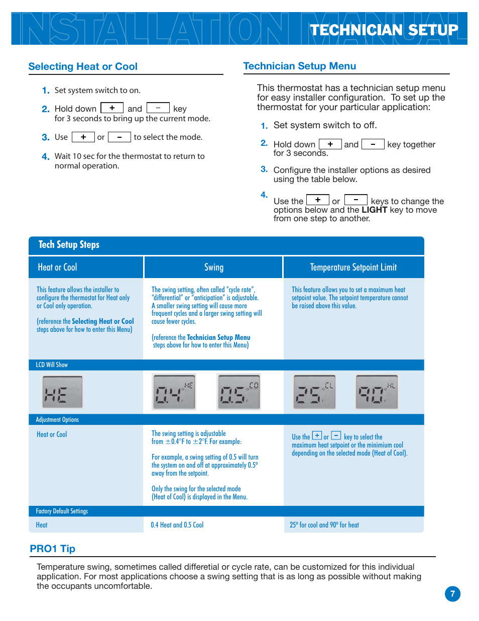 Pro1 tip technician setup menu, Selecting heat or cool, Tech setup