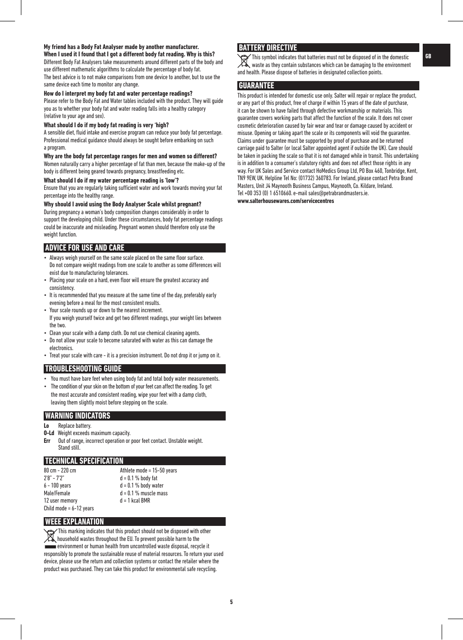 Advice for use and care, Troubleshooting guide, Warning indicators