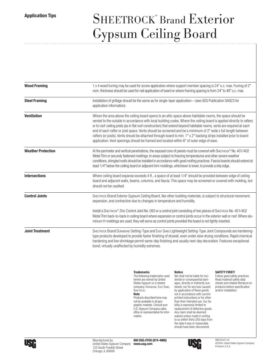 Usg Sheetrock Exterior Gypsum Ceiling Board User Manual 1 Page