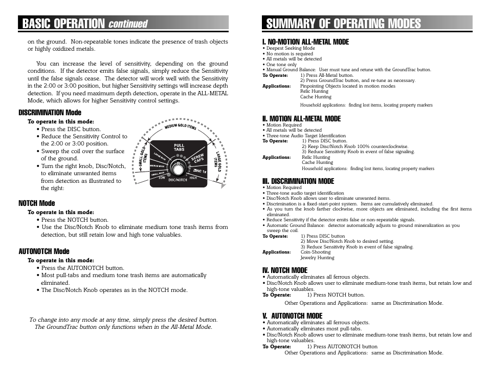 Summary of operating modes, Basic operation, Continued | Bounty Hunter