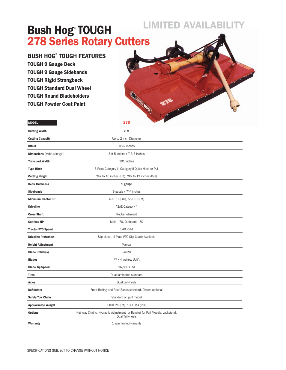 Bush Hog 278 User Manual 1 page