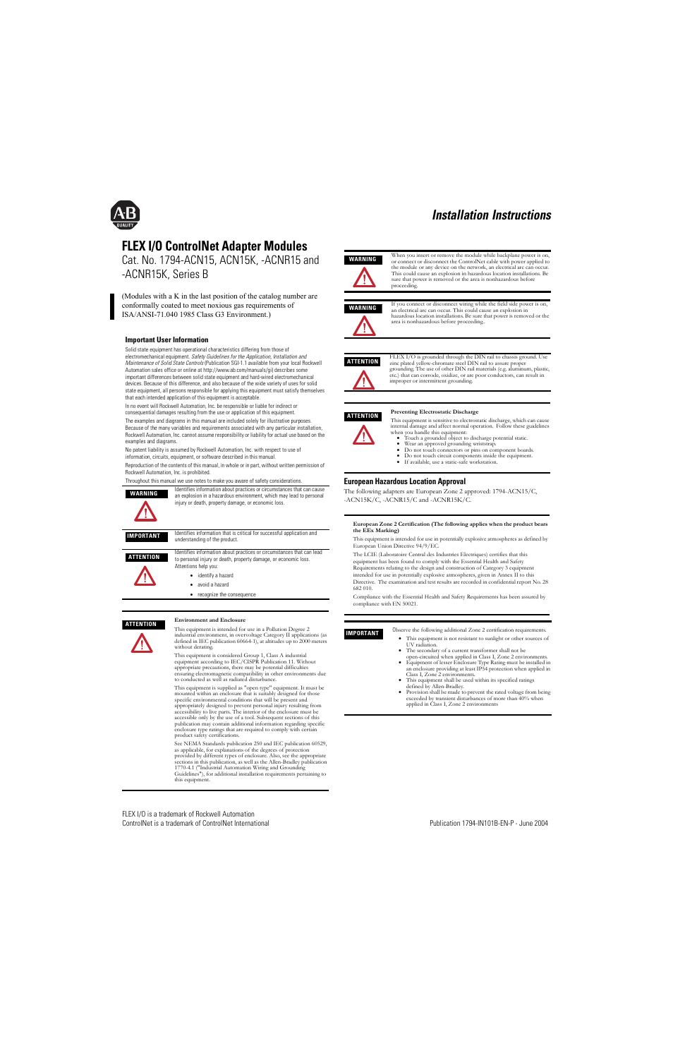 Rockwell Automation 1794-ACN15_ACNR15 ControlNet Adapter Module