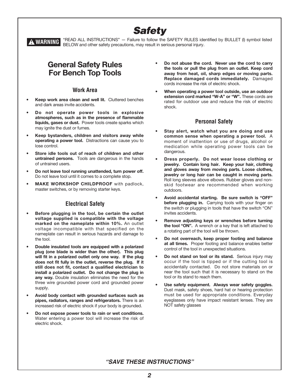 Safety, General safety rules for bench top tools | Bosch 3912 User