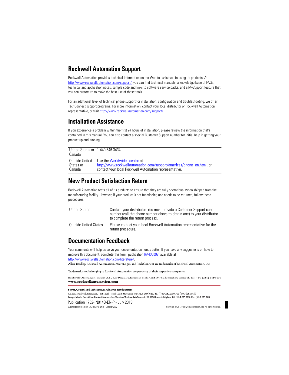 Back cover, Rockwell automation support, Installation assistance