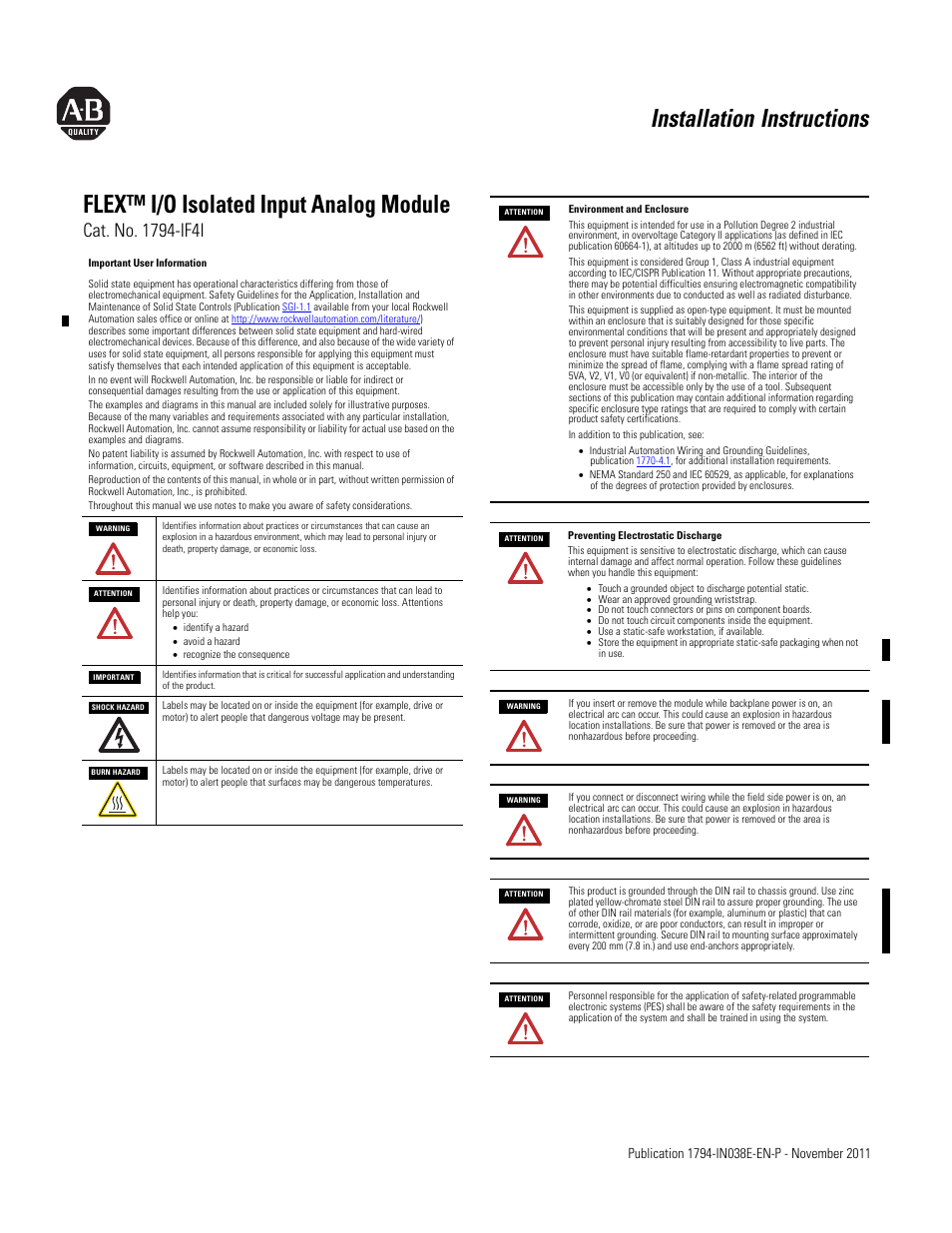 Rockwell Automation 1794-IF4I FLEX I/O 4 Isolated Input Module User