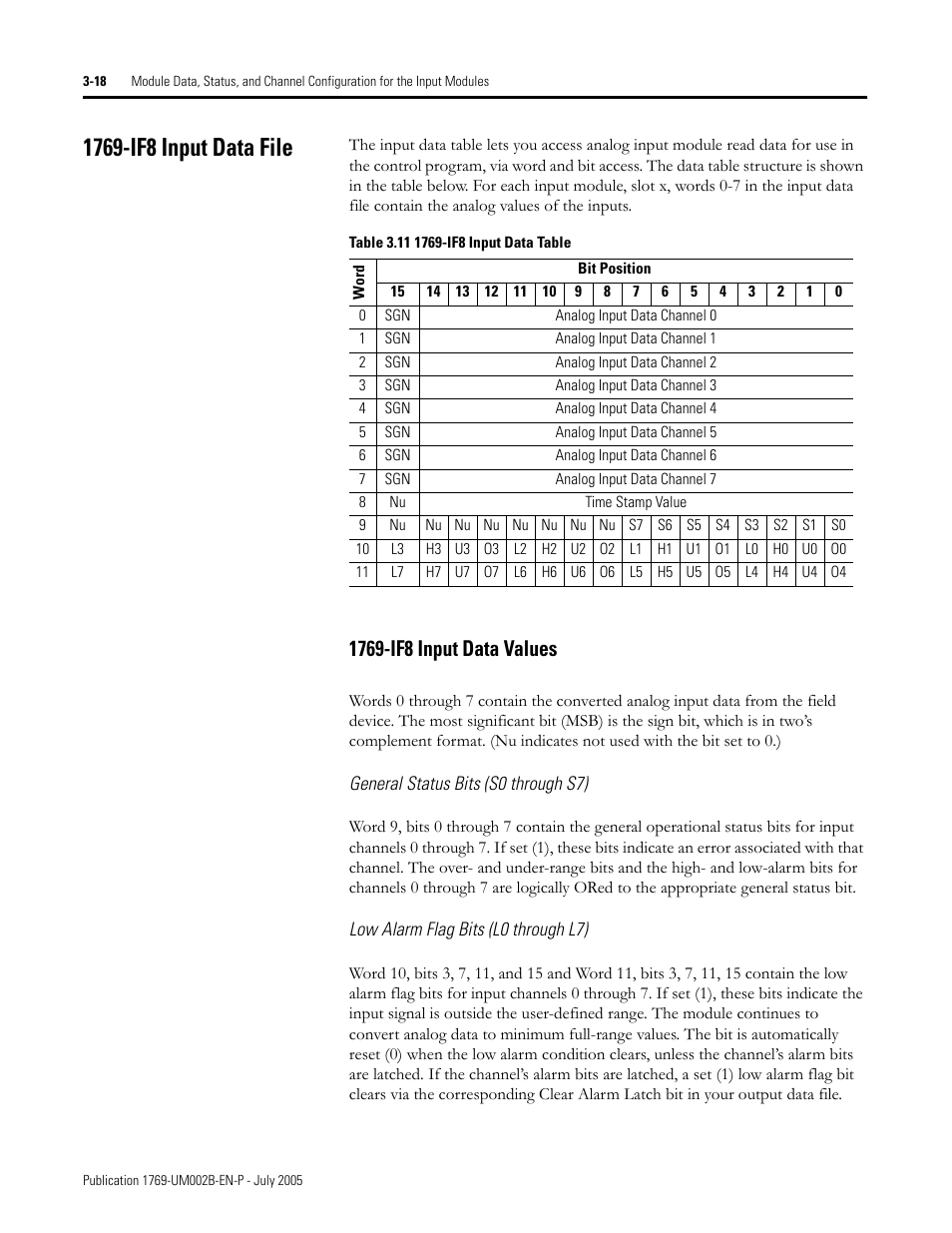 1769-if8 input data file, General status bits (s0 through s7), Low