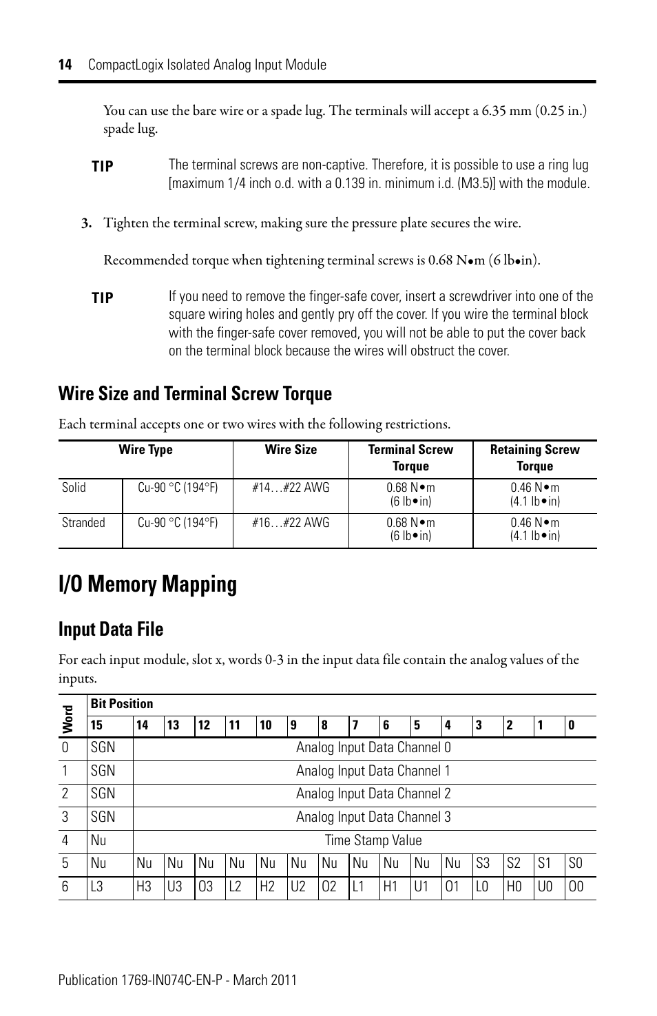 Wire size and terminal screw torque, I/o memory mapping, Input data