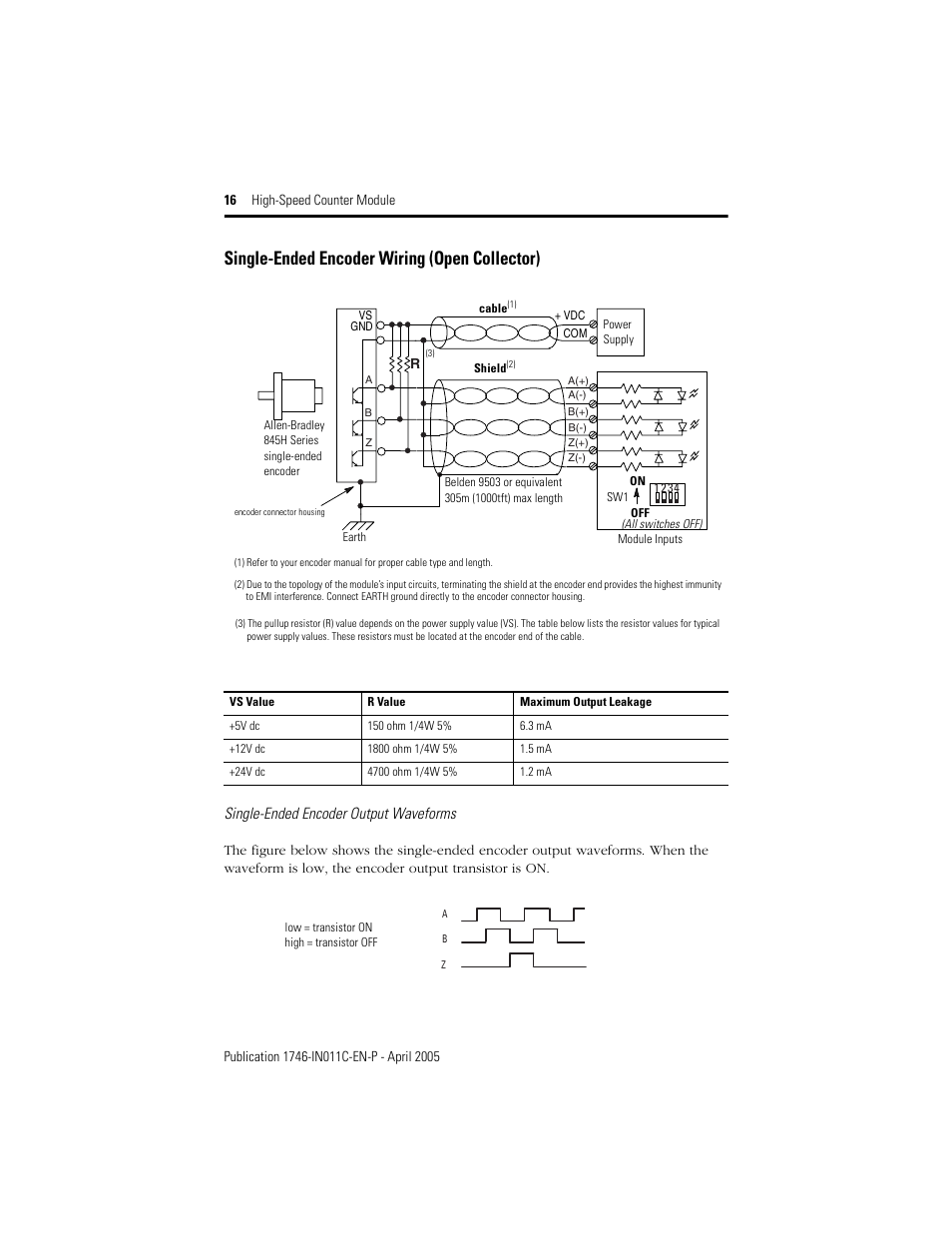 Single-ended encoder wiring (open collector), Single-ended encoder