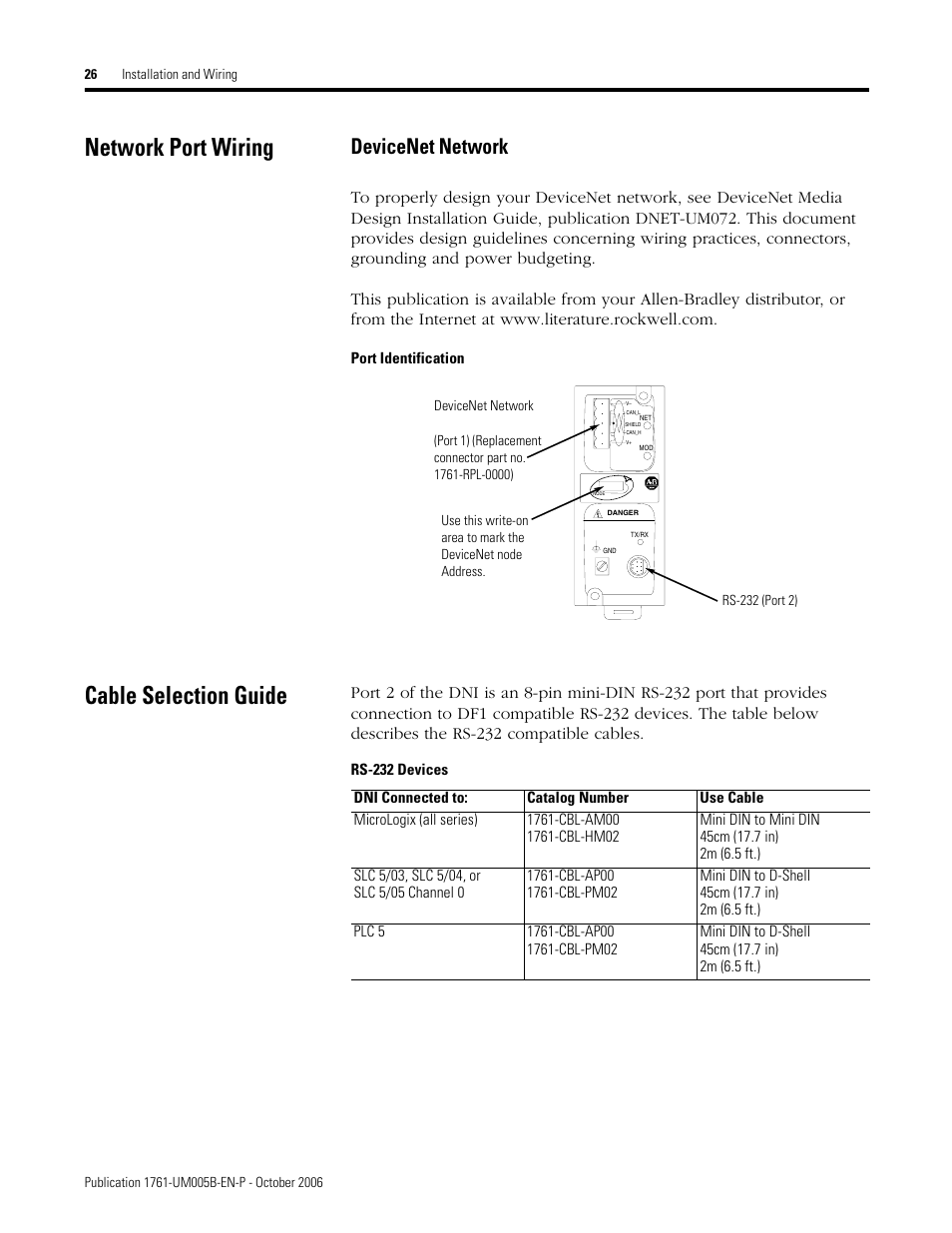 Network Port Wiring Devicenet Cable Selection Guide Network Port Wiring Devicenet Cable Selection Guide Rockwell Automation 1761 Net Dni Interface User Manual Page 26 100