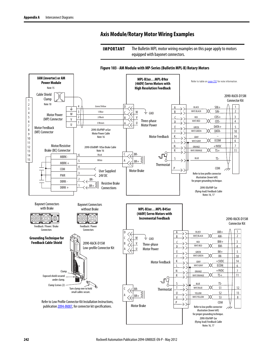 Axis module/rotary motor wiring examples, Axis module/rotary motor