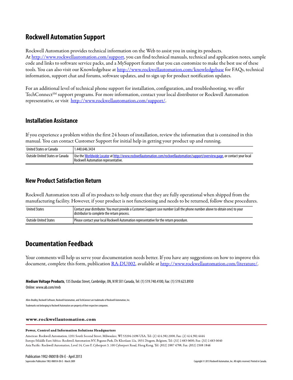 Back Cover Rockwell Automation Support Documentation Feedback Rockwell Automation 1902