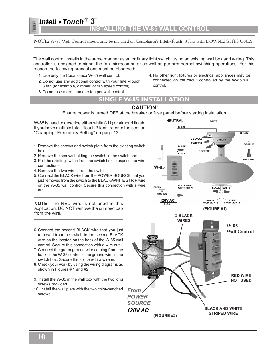 Installing the w-85 wall control, Single w-85 installation | Casablanca