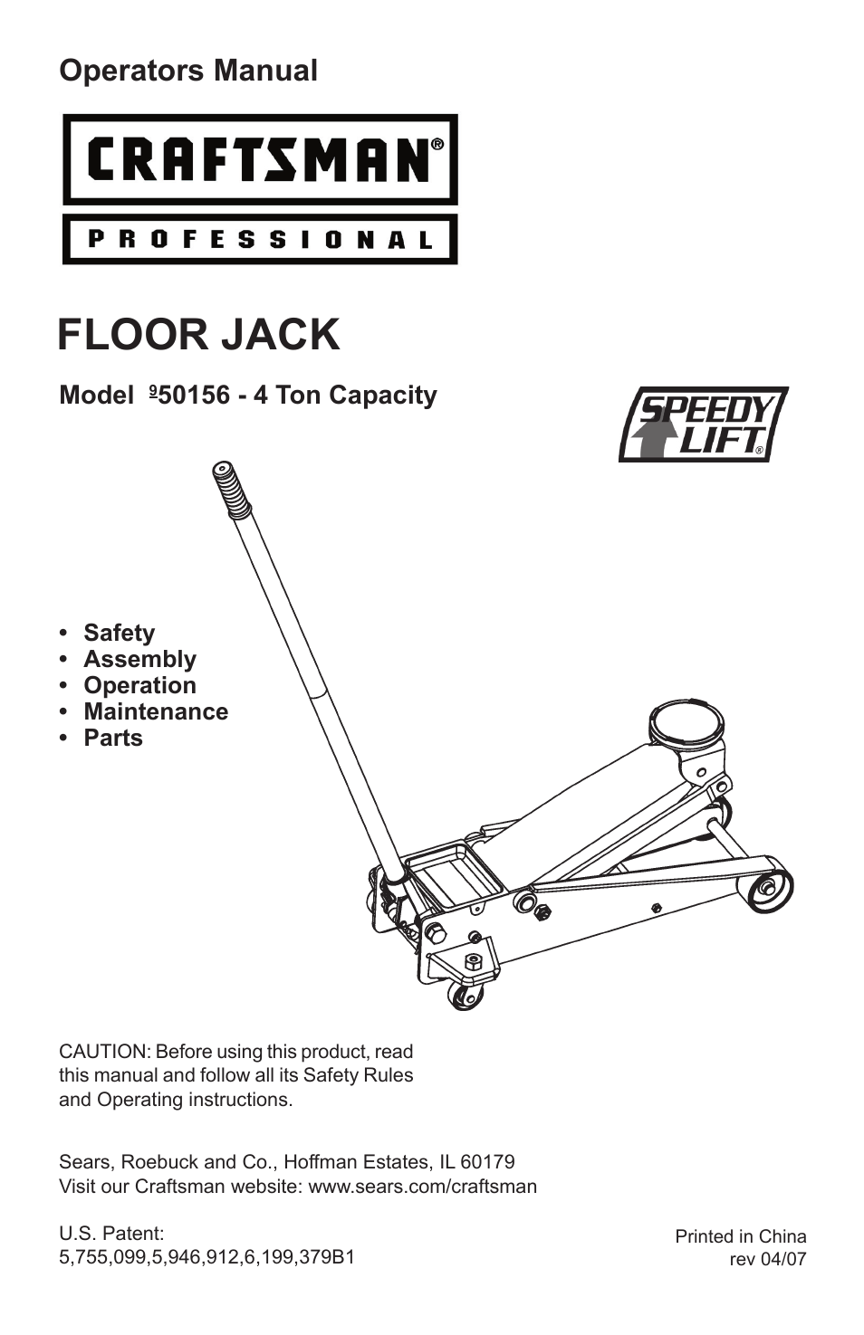 Craftsman FLOOR JACK 50156 User Manual | 8 pages