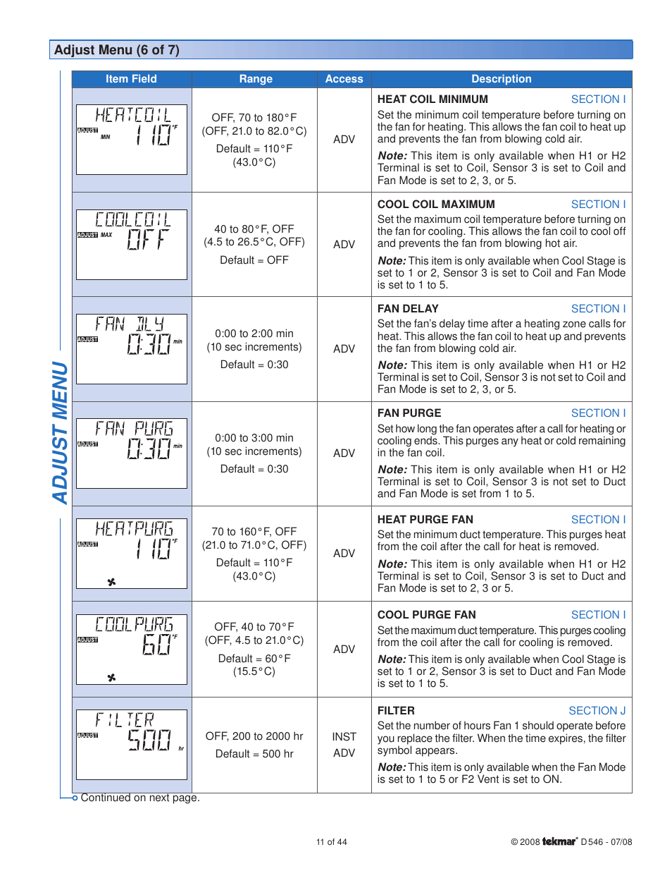 Adjus t menu | tekmar 546 Thermostat Installation User Manual | Page 11