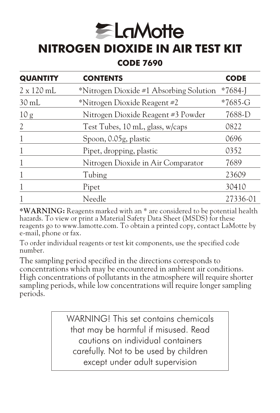 LaMotte NITROGEN DIOXIDE IN AIR TEST KIT User Manual 4 pages