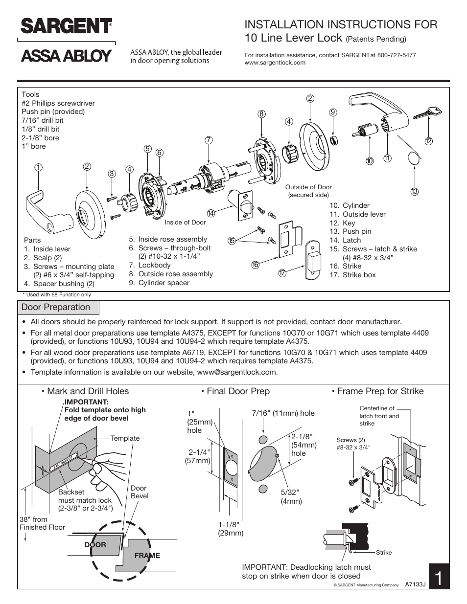SARGENT 10 Line Cylindrical Lock User Manual 4 pages