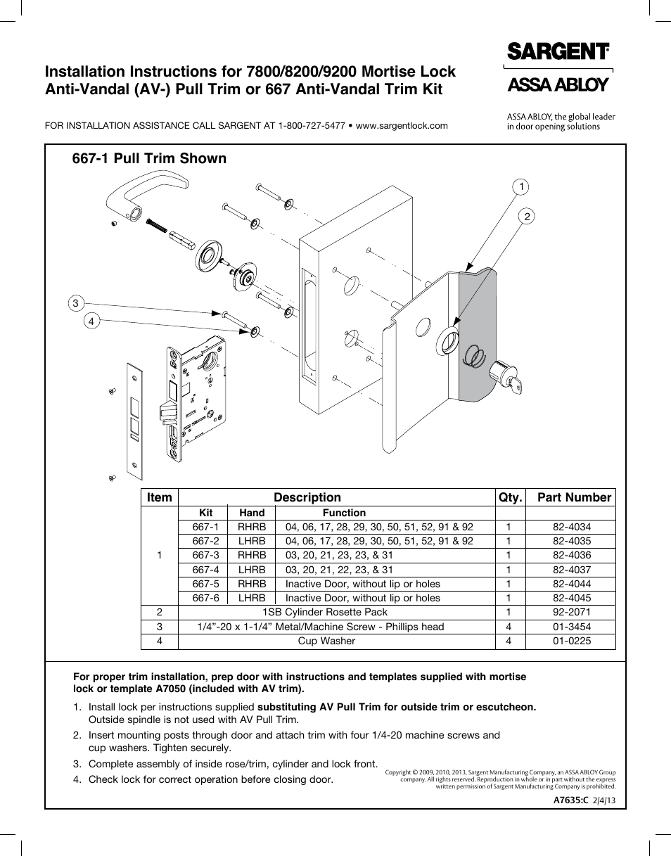 SARGENT 7800 Knob Locks User Manual 1 page Also for 9200 High