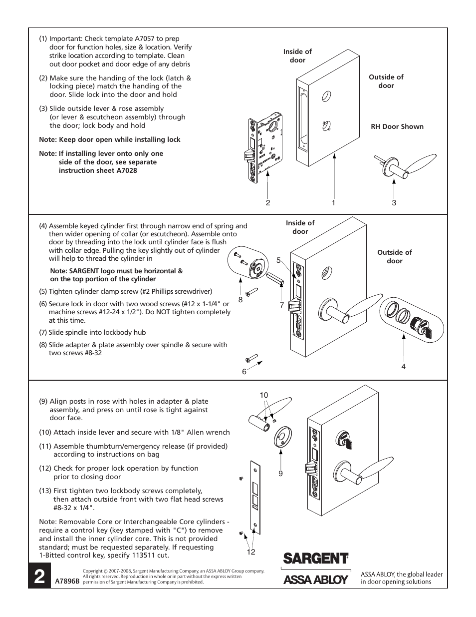 SARGENT 7900 Mortise Lock User Manual Page 2 / 4 Also for 8200