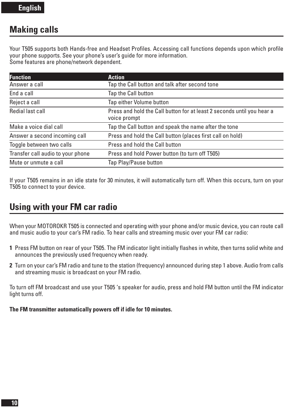 Making calls, Using with your fm car radio, English | Motorola T505