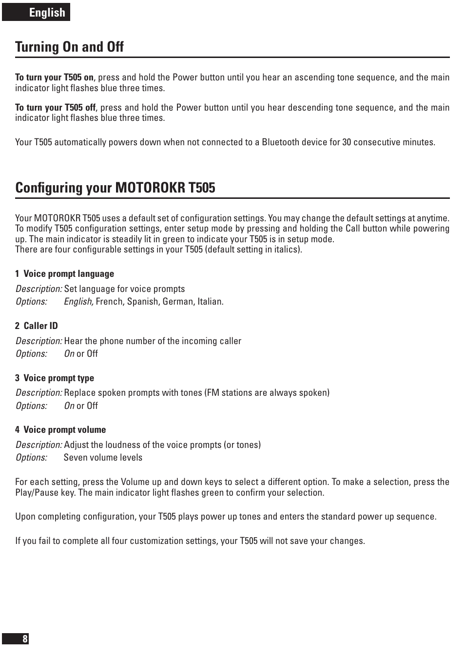 Turning on and off, Conﬁguring your motorokr t505, English | Motorola