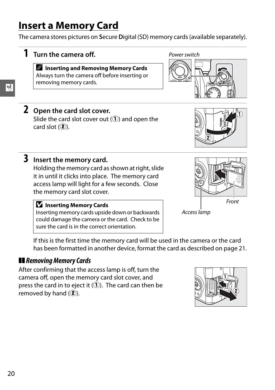 Insert a memory card | Nikon D3000 User Manual | Page 38 / 216