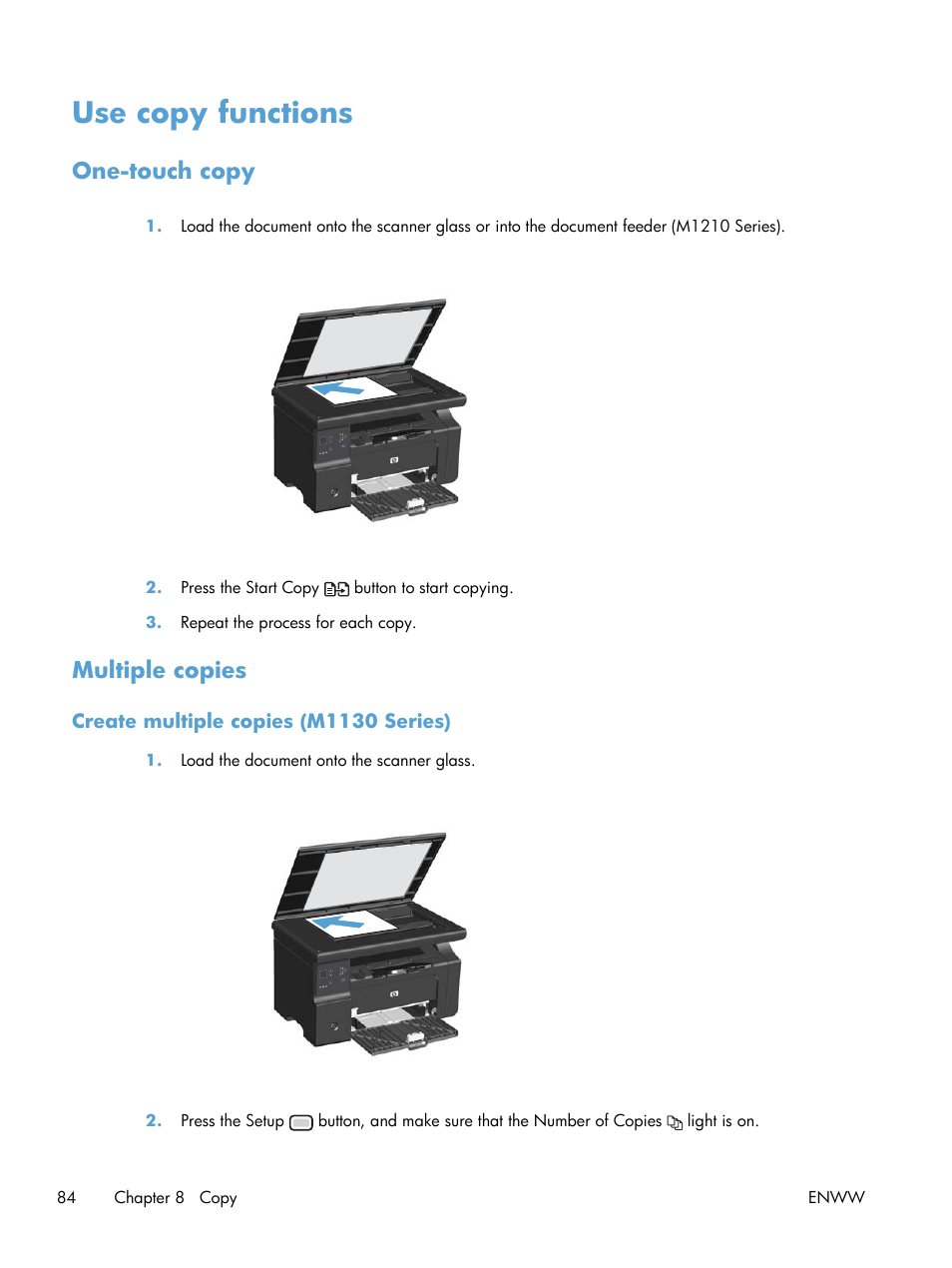 Use copy functions, One-touch copy, Multiple copies | HP laserjet