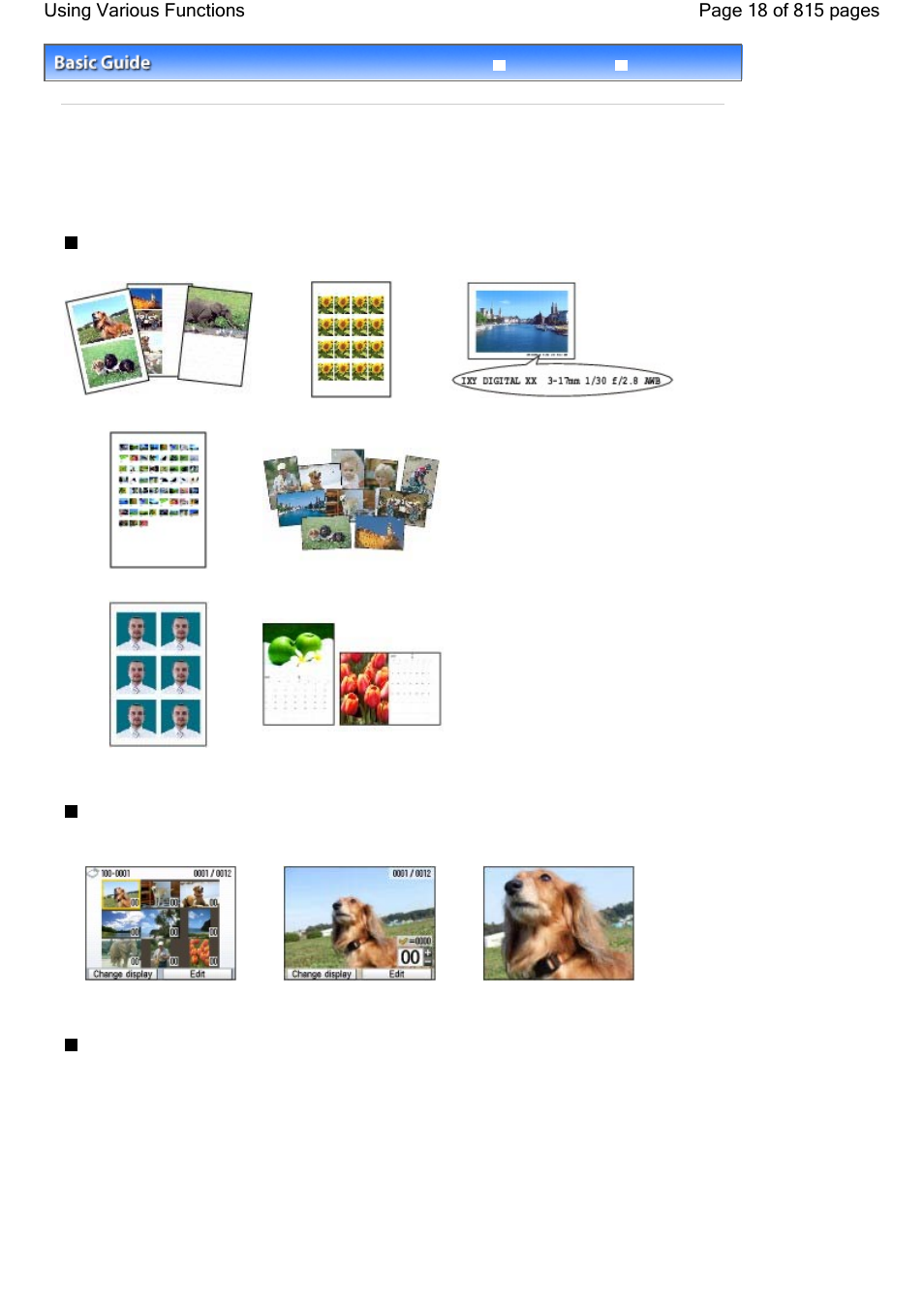 Using various functions, Printing photos in various layouts, Changing