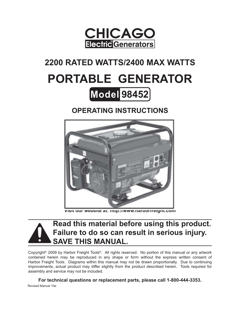 Chicago Electric PORTABLE GENERATOR 98452 User Manual | 25 pages