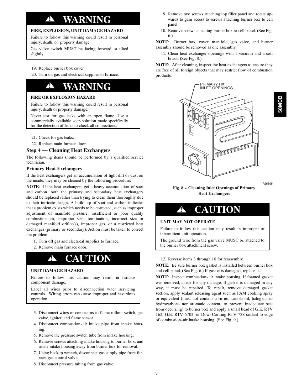 Warning, Caution | Carrier 58MCB User Manual | Page 7 / 20