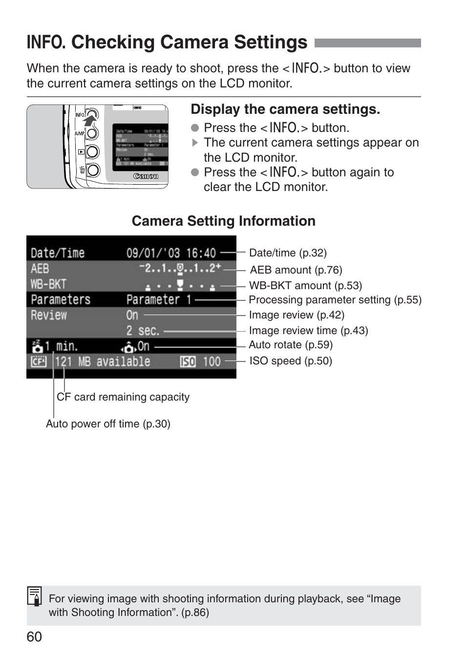 Info. checking camera settings | Canon ds6041 User Manual | Page 60 / 140