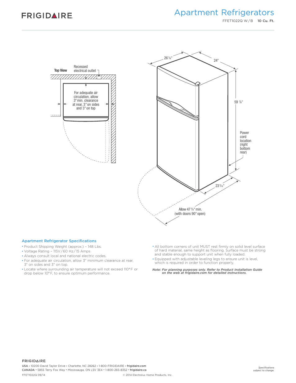 Apartment refrigerators | FRIGIDAIRE FFET1022QB User Manual | Page 3 / 3