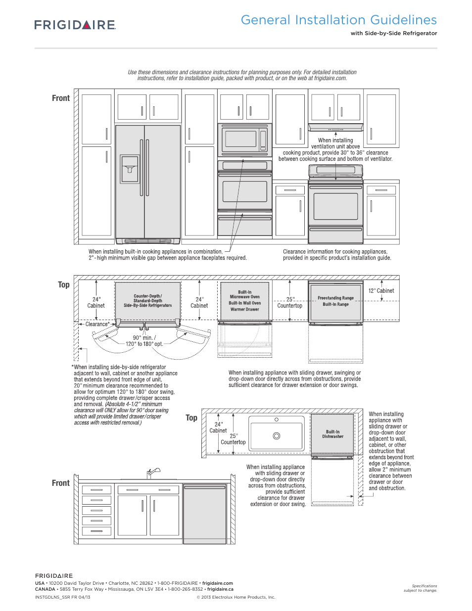 General installation guidelines, Front top front | FRIGIDAIRE