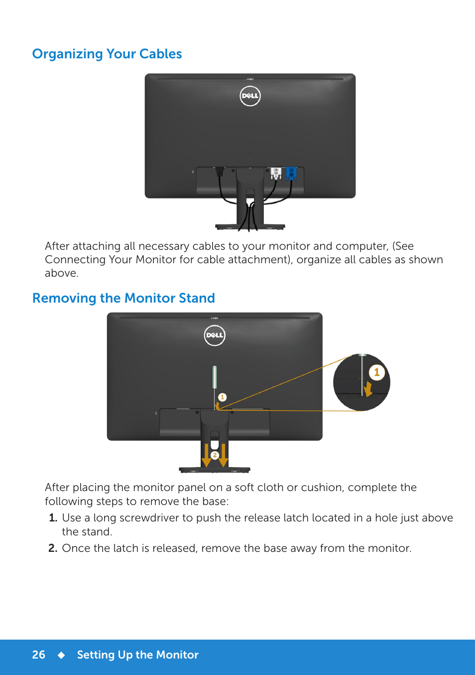 Organizing your cables, Wall mounting (optional), Removing the monitor