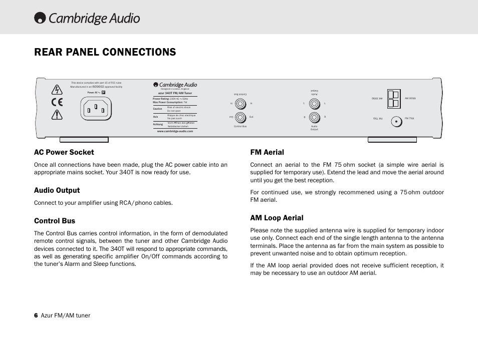 Rear panel connections, Ac power socket, Audio output | Cambridge Audio