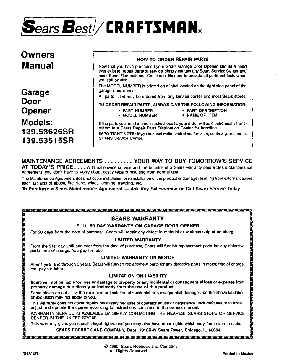 Sears Besf Crbftsmrn Sears Warranty Owners Manual Craftsman 1