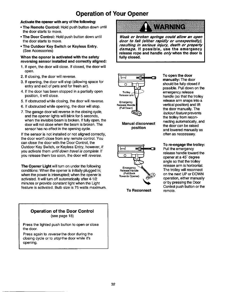 Operation of your opener, Operation of the door control Craftsman 1/2