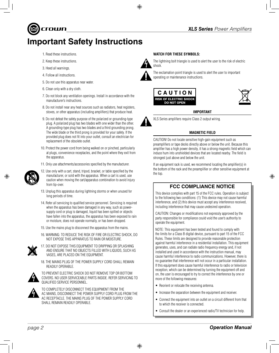 Important safety instructions, Fcc compliance notice | Crown XLS 1000