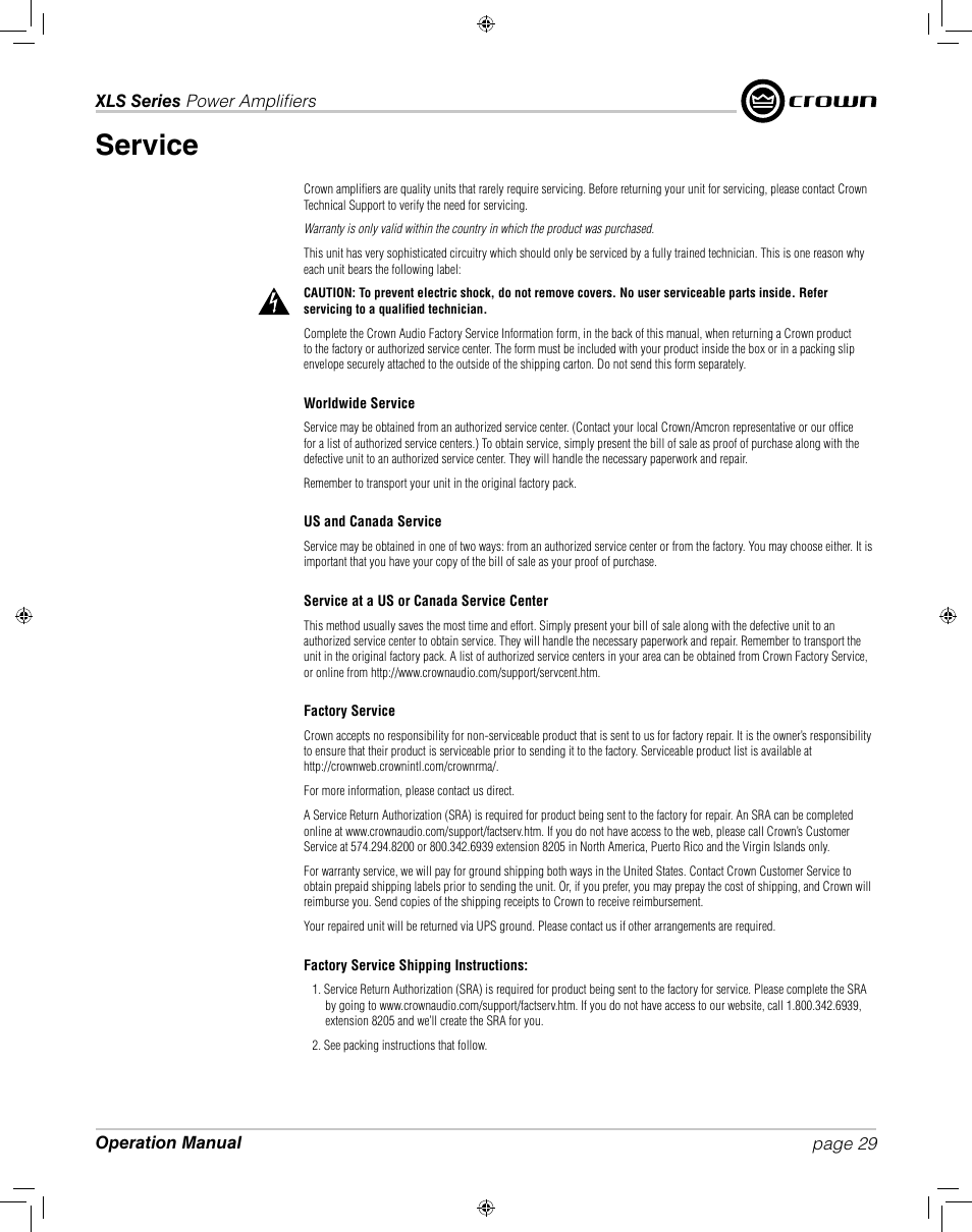 Service | Crown XLS 1000 User Manual | Page 29 / 38