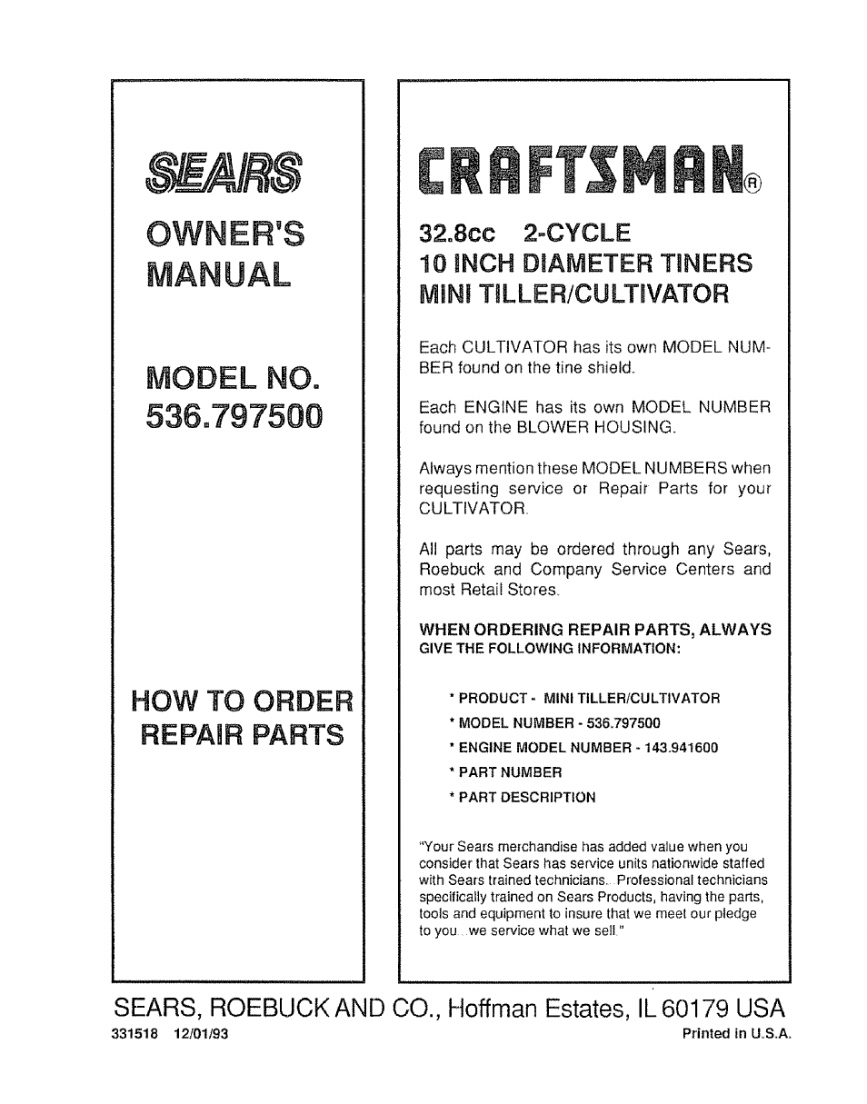 Owner’s, Manual, Model no | Craftsman 536.797500 User Manual | Page 20 / 20
