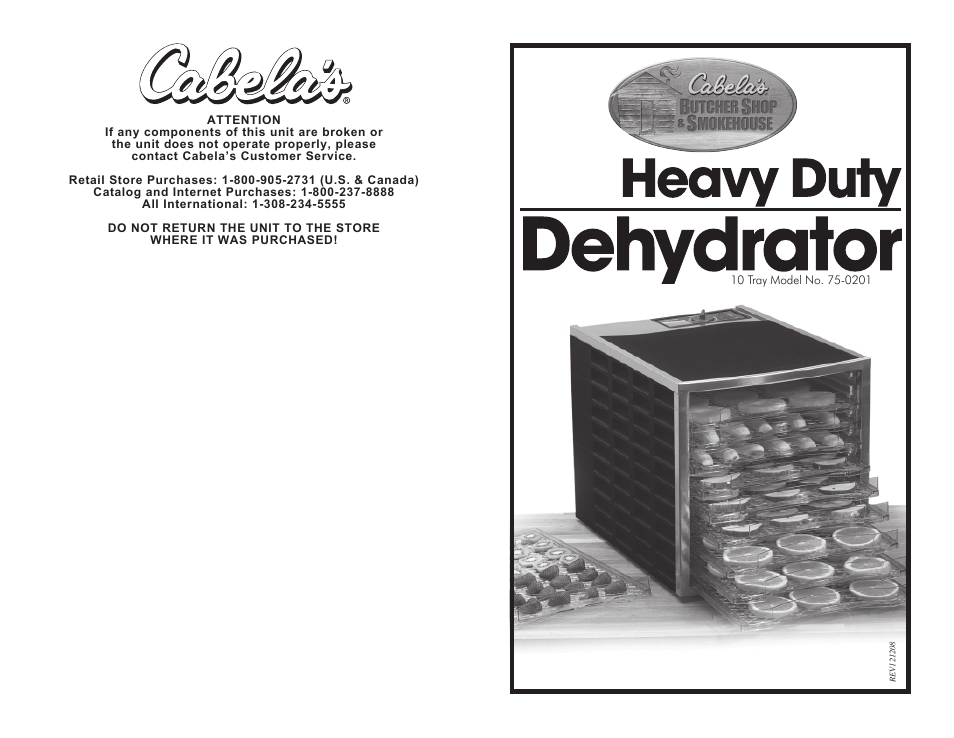 Cabela's Heavy Duty Dehydrator 75-0201 User Manual | 8 pages | Original