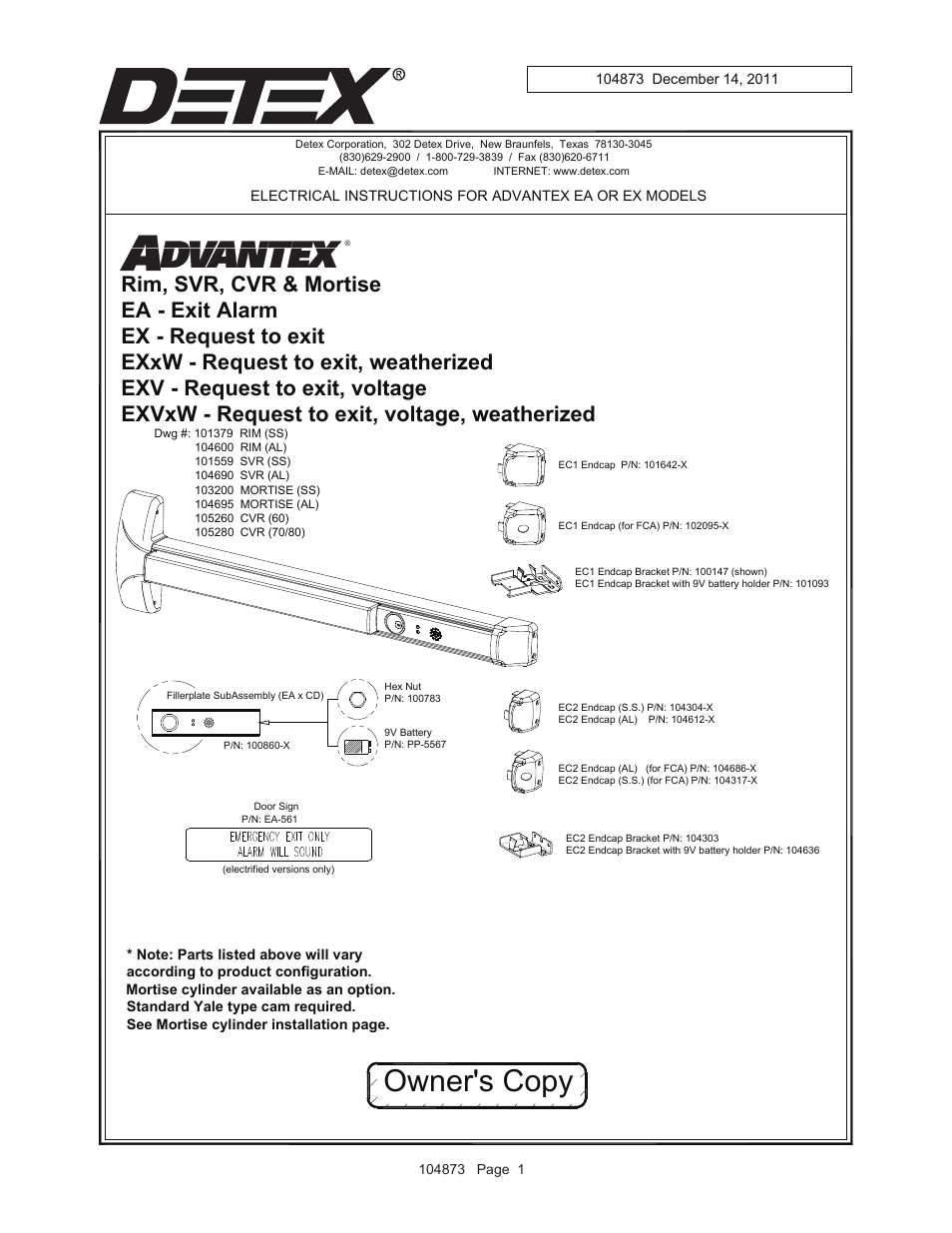Detex Exit Switch Weatherized User Manual 7 Pages Also