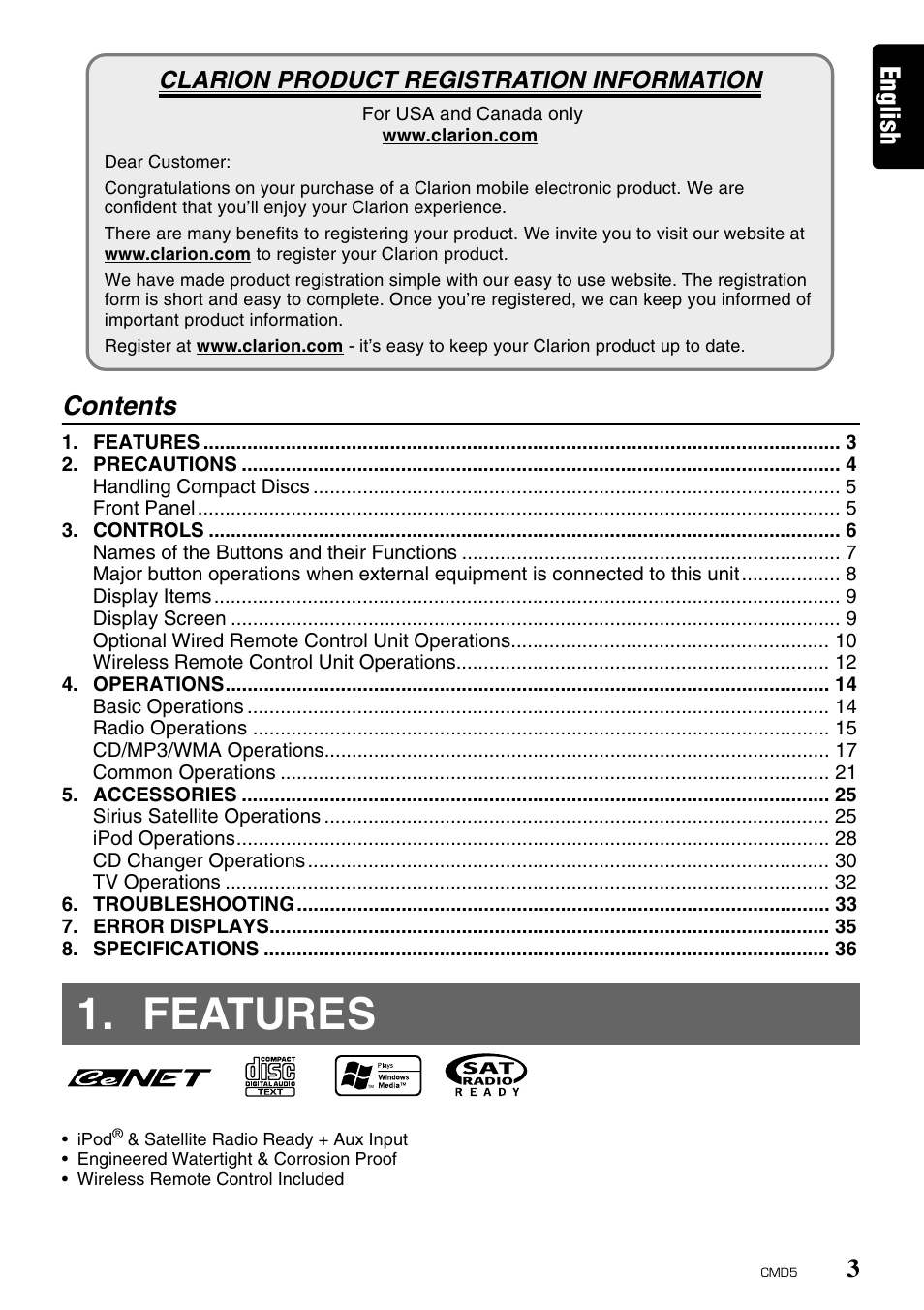 Features, English contents | Clarion CMD5 User Manual | Page 3 / 38