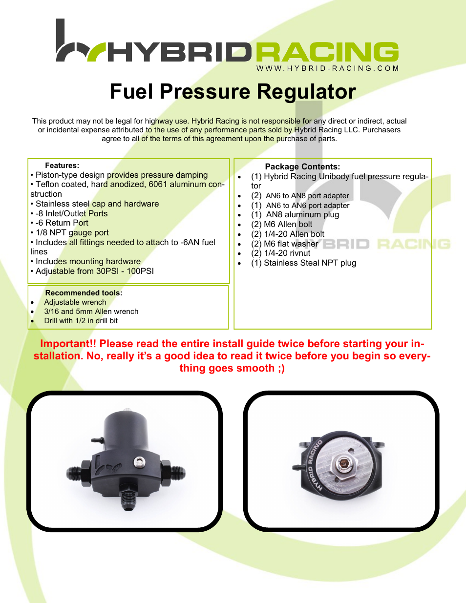 Hybrid Racing Hr Unibody Fuel Pressure Regulator User Manual 7 Pages