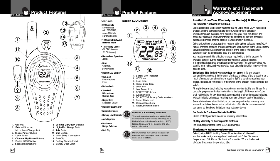 Product features, Warranty and trademark acknowledgement | Cobra