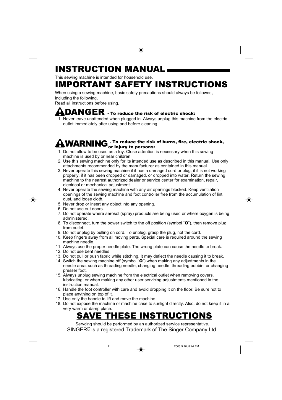 Instruction manual, Important safety instructions, Danger | SINGER 9910