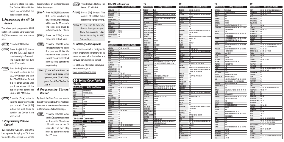 Set-up code tables 5 | Universal Remote Control (URS) UR2-211 User