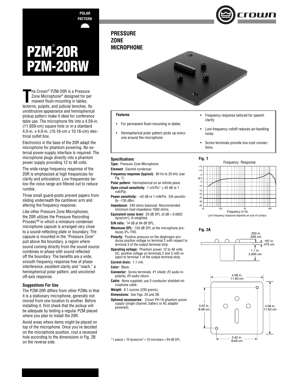 Crown Audio PZM-20RW User Manual | 2 pages | Also for: PZM-20R