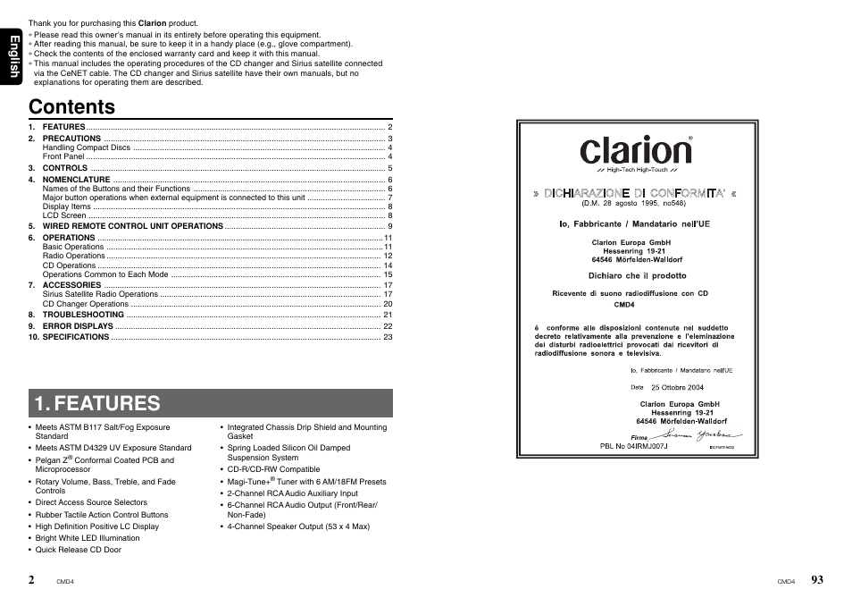 Clarion CMD4 User Manual | Page 2 / 73