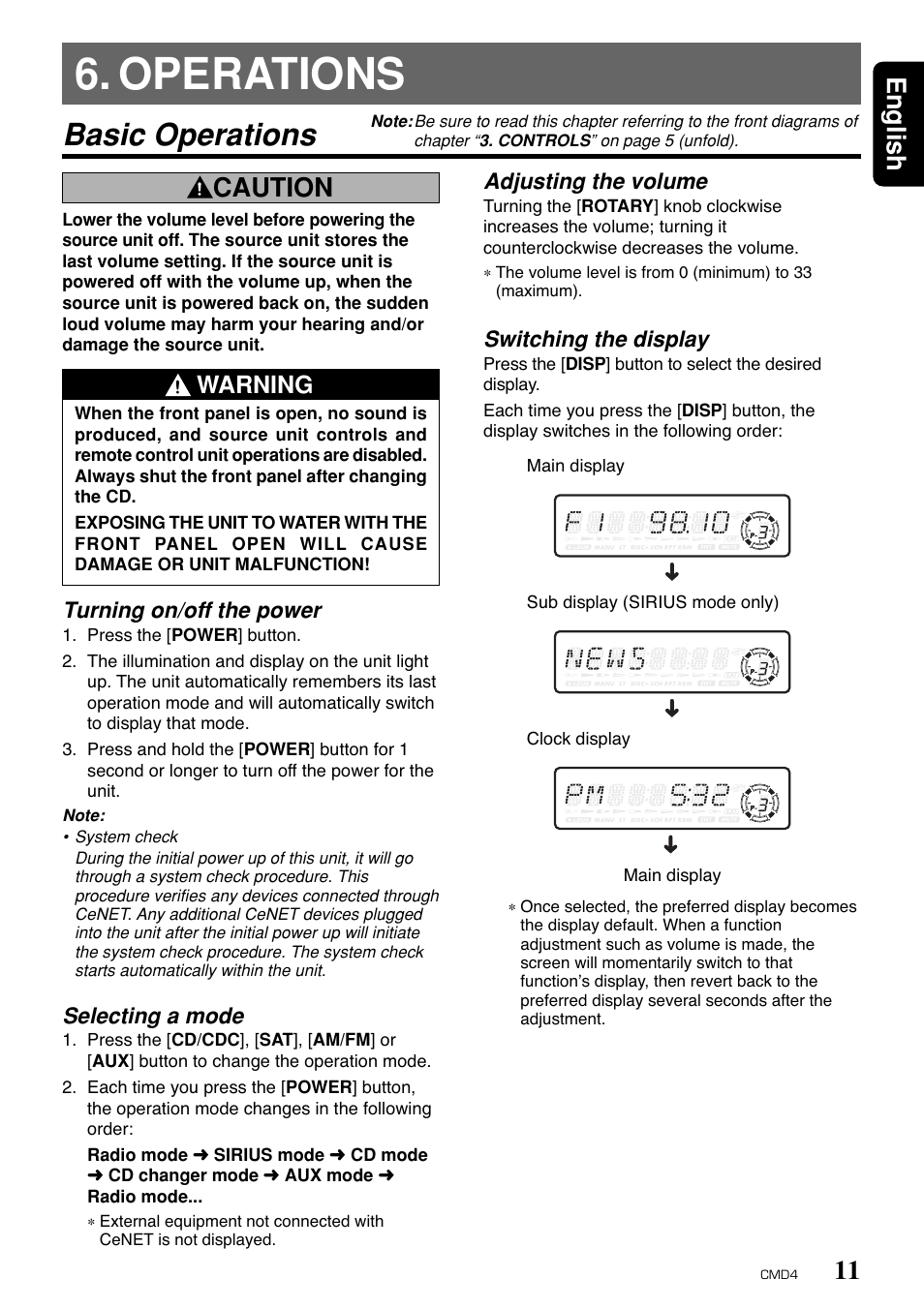 Operations, Basic operations, 11 english | Clarion CMD4 User Manual