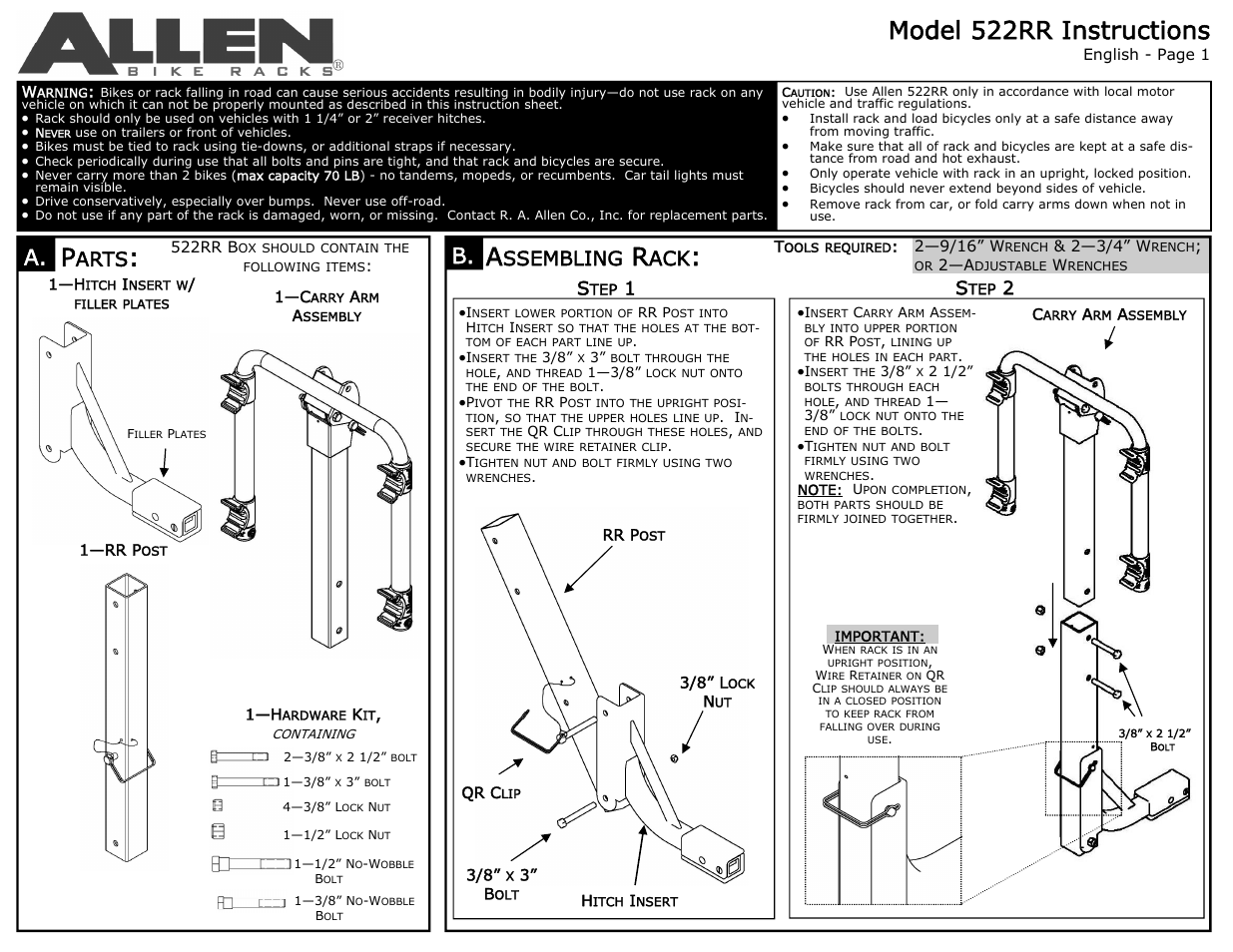 Allen Sports 522RR User Manual 2 pages